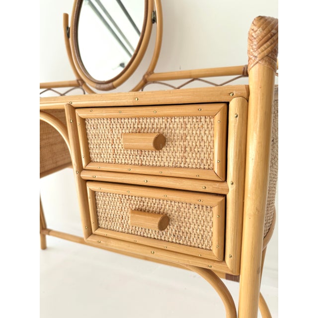 Vintage Glass Top Wicker Bamboo Dressing Table with Mirror by Angraves of Leicester, 1970s For Sale - Image 9 of 14