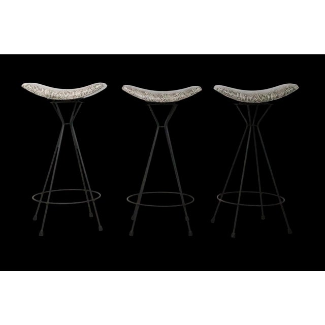 Mid-Century Modern Set of Three Mid 20th Century Swivel Bar Stools in New Faux Python Vinyl Upholstery For Sale - Image 3 of 18