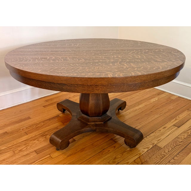 Antique Arts & Crafts Tiger Oak Dining Table on Pedestal Base With 54" Round Top For Sale - Image 9 of 9