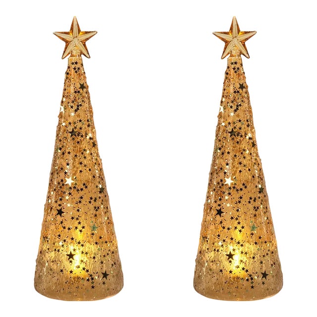 Twinkle LED Deco Gold Christmas Trees, Set of 2 For Sale