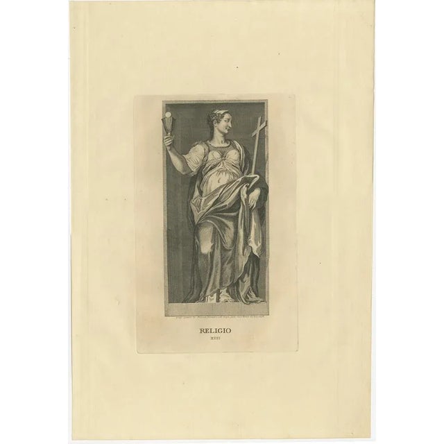 Set of seven antique prints of various personifications including: 1) plate xiii: personification of religion, section of...