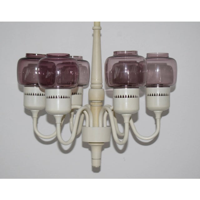 Metal White with Pastel Purple Glass Model T-526 Chandelier by for Markaryd, Sweden, 1964 For Sale - Image 7 of 7