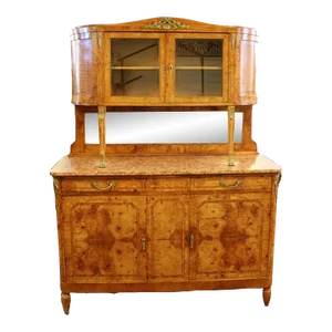 ​French Louis XVI Style Burled Walnut Marble Top Sideboard Buffet Circa 1920