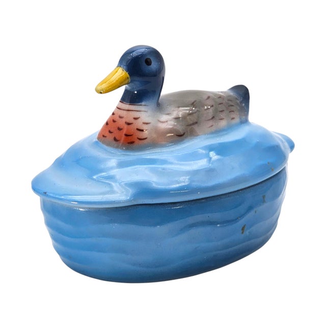 Ceramic Mid-Century Czechoslovakian Blue Ceramic Duck Lidded Trinket Dish For Sale - Image 7 of 18