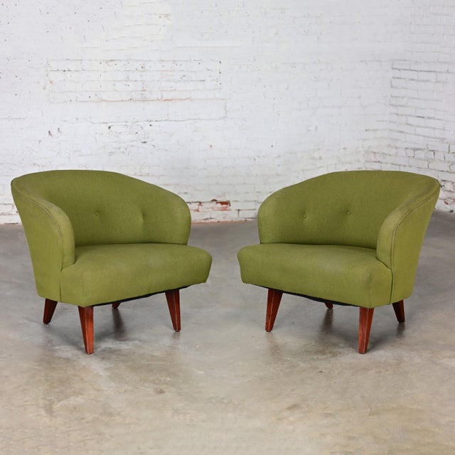 Fabulous Mid-20th Century Art Deco to Mid-Century Modern bucket or barrel style accent or lounge chairs wearing their...