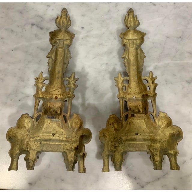 Antique French Rococo & Louis XVI Chenets a Pair - Large Heavy Brass Fireplace Andirons for Regency, Neoclassical and Old World Decor - See Pics! For Sale - Image 9 of 12