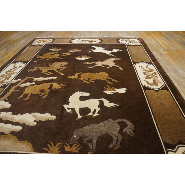 1930s Elegant Brown Color With Expressionist Design Horses Chinese Antique Pictorial Rug For Sale - Image 5 of 9