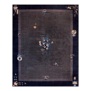 Superb Gray-Charcoal Background & Black Border With Chinoiserie Pattern Antique Chinese Peking Rug