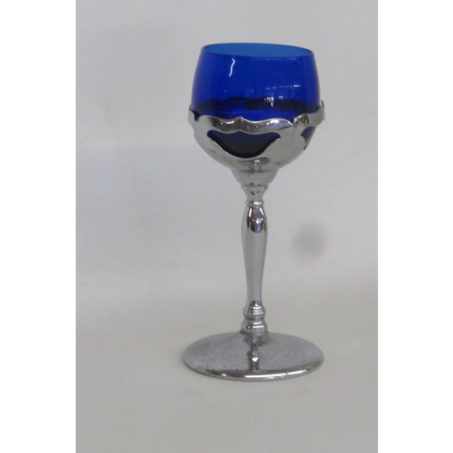 Metal Mid 20th Century Farber Bros Art Deco Liquor Cocktail Glass 1920s Cobalt Blue and Chrome For Sale - Image 7 of 12