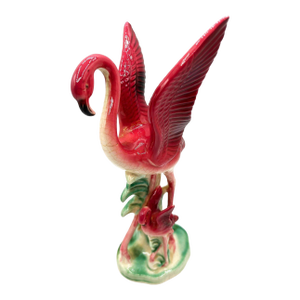Mid 20th Century Child & Mother Pink Flamingo Ceramic Tabletop Statue by Leftons (Repaired)