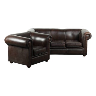 Chesterfield Sofa and Chair in Cowhide Leather, Set of 2 For Sale