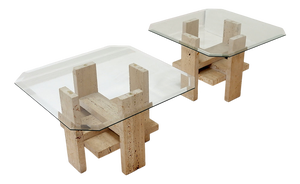 Vintage Side Tables in Travertine and Glass, 1970s, Set of 2