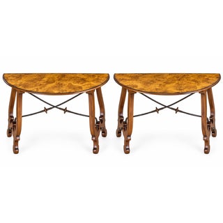 Italian Burl Walnut Demilune Console Tables With Iron Stretchers - Pair For Sale