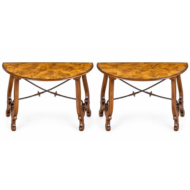 Italian Burl Walnut Demilune Console Tables With Iron Stretchers - Pair For Sale
