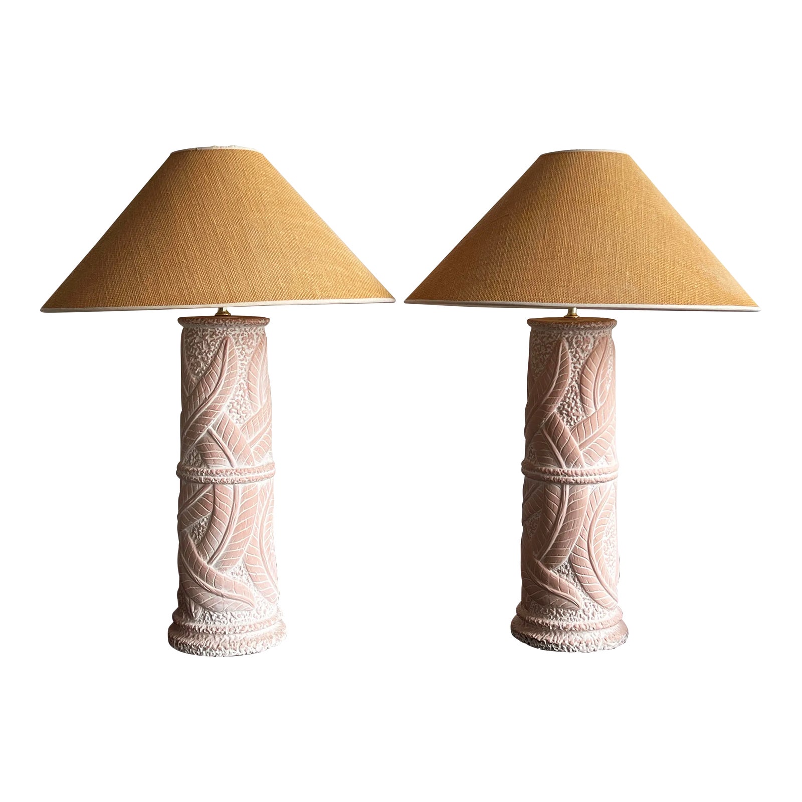 Vintage 1980's Terra Cotta Ceramic Banana Leaf Table Lamps by Harris - a Pair