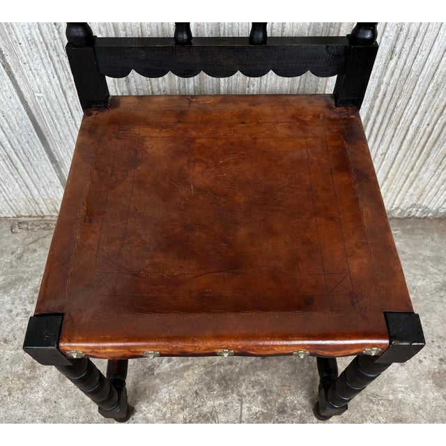 19th Carved French Oak Brown Leather Lion Dining Chairs, Henry II For Sale - Image 14 of 18