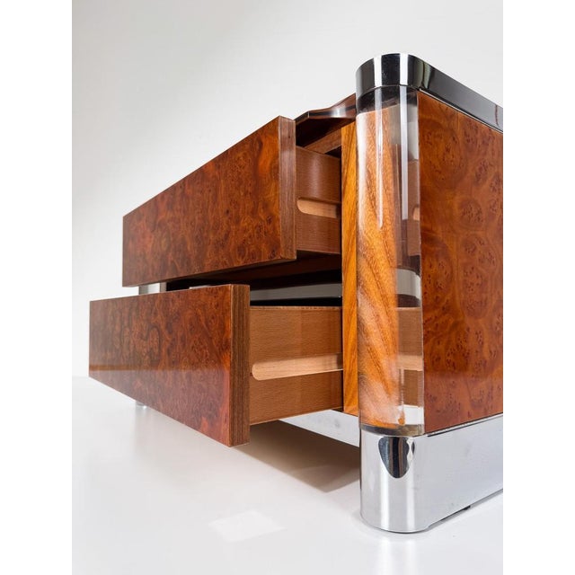 Mid-Century Burl Wood, Chrome and Acrylic Glass Nightstands, 1970s, Set of 2 For Sale - Image 9 of 18