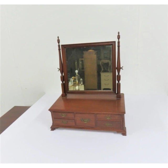 Custom Made walnut Chippendale style shaving mirror , 5 drawers, reeded columns, ogee bracket feet, batwing style brass...