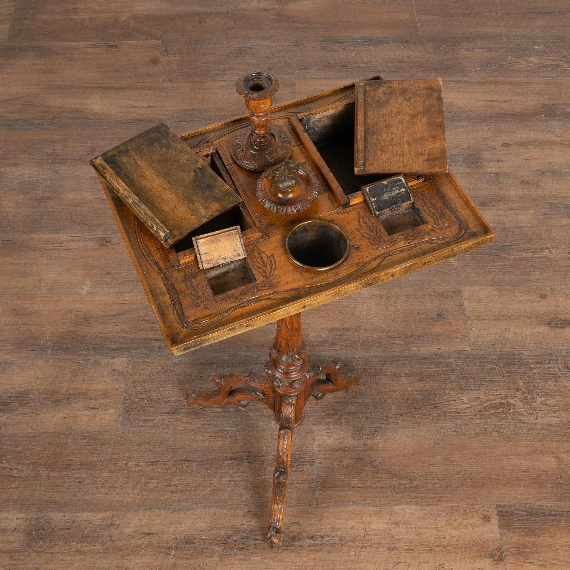 tobacco table Antique Cushman Mahogany Humidor Smoking Cabinet Stand 27" and the pedestal base provides a stable surface for drinks Antique Copper Lined Wood Smoking