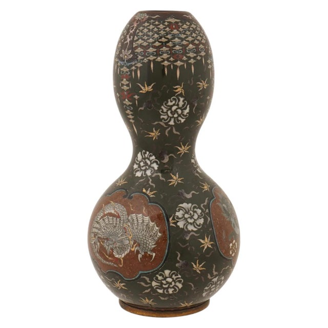 Metal Japanese Cloisonne Enamel Meiji Gourd Vase With Phoenix Dragon and Shishi For Sale - Image 7 of 7