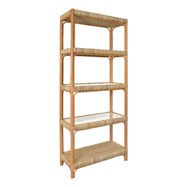 Matthew Izzo Home Hawthorn Rattan and Seagrass Étagère With Glass Shelfs For Sale