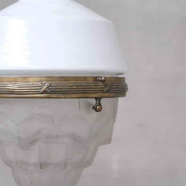 Metal Antique French Glass and Brass Pendant Light For Sale - Image 7 of 8