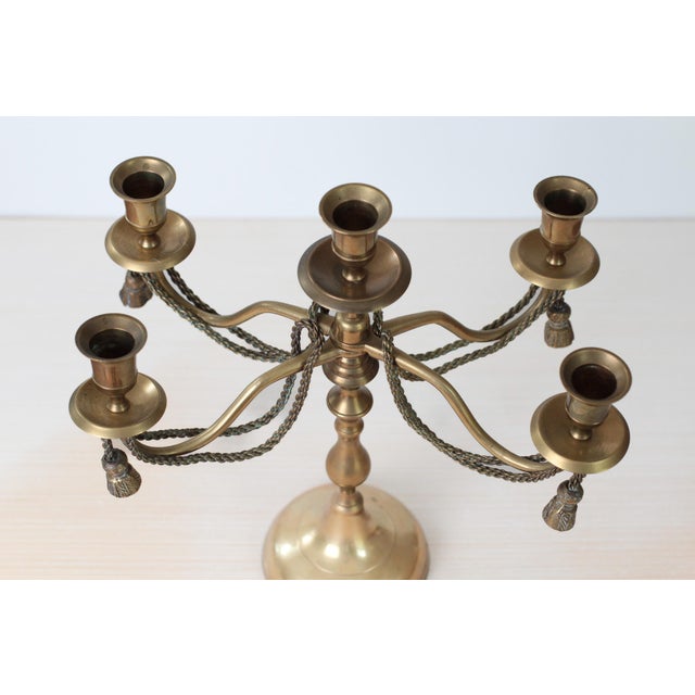 1970s Brass 5-Arm Candelabra With Rope and Tassel Detail For Sale In Lexington, KY - Image 6 of 14
