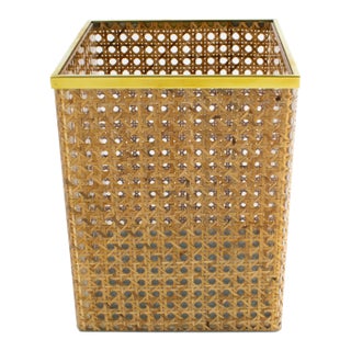 Christian Dior Desk Waste Basket in Metal, Lucite and Rattan, Circa 1970 For Sale