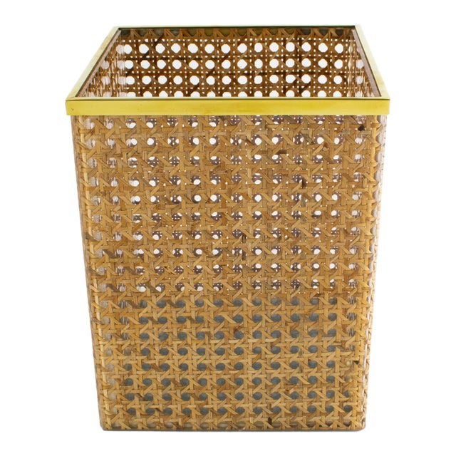 Christian Dior Desk Waste Basket in Metal, Lucite and Rattan, Circa 1970 For Sale