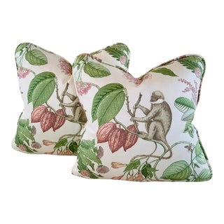 Contemporary Designer P Kaufmann Lydia Irwin Ivory, Pink, Green & Tan Botanical Floral Jungle Leaves Monkey Tropical Pillow Covers- a Pair For Sale