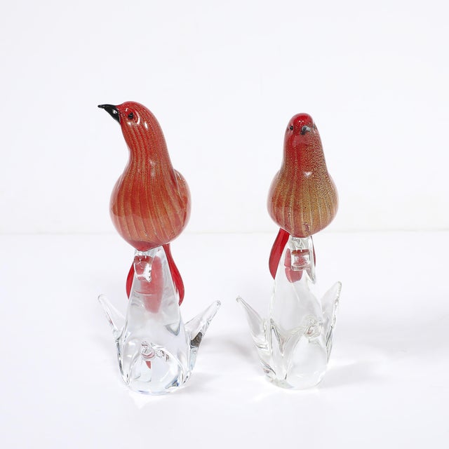 1960s Pair of Mid-Century Vermillion Murano Glass Dove Sculptures With 24k Gold Flecks For Sale - Image 5 of 12