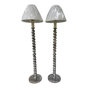 Pair, English Carved Wood & Silver Gilt Barley Twist Floor Lamps