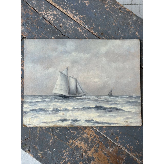 Vintage Steely Seascape Painting on Board, Signed by the Artist, Circa Mid-20th Century For Sale - Image 13 of 14