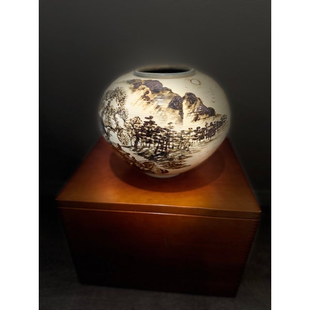 Ceramic 1980s Signed Asian Hand- Painted Scenic Vases | Moon Jars For Sale - Image 7 of 12