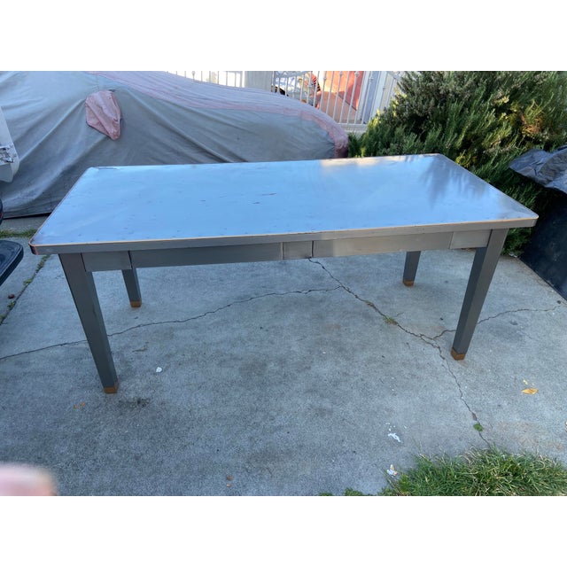 1940s Attributed to General Fireproofing Company Tanker Desk Refinished in Brushed Steel For Sale - Image 12 of 12
