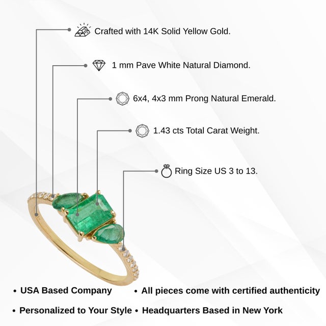 1.43ct Mixed-Cut Emerald & Diamond Three-Stone Ring Size 6.5 in 14k Yellow Gold For Sale - Image 12 of 16