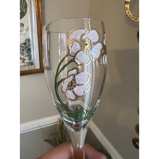 Vintage Art Nouveau Perrier Jouet Hand Painted Floral Champagne Flutes - Design by Emile Galle - Set of 6 For Sale - Image 4 of 13