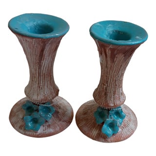 Vintage Mid-Century Faux Bois Ceramic Candle Holders With Teal Glazed Rims - A Pair For Sale