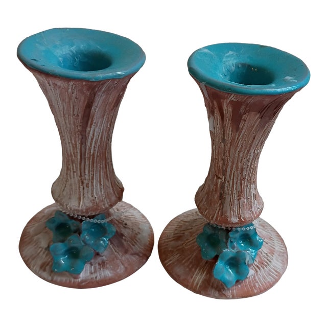 Vintage Mid-Century Faux Bois Ceramic Candle Holders With Teal Glazed Rims - A Pair For Sale