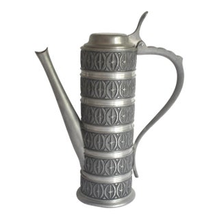 Mid 20th Century Pewter Coffee Pot, Tall Norwegian Lidded Pitcher With Black Detail and Patina, Vintage Haugrud Norway Zinn Handle For Sale