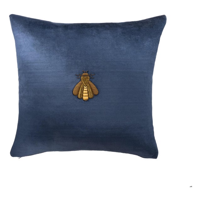 Navy Bee Silk Velvet Embroidered Throw Pillow Cover, 20 X 20 For Sale