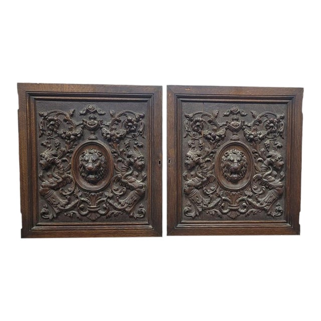 Pair Antique Ornately Carved Lion Panels For Sale