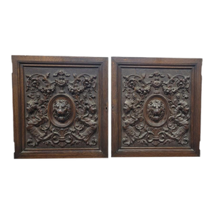 Pair Antique Ornately Carved Lion Panels