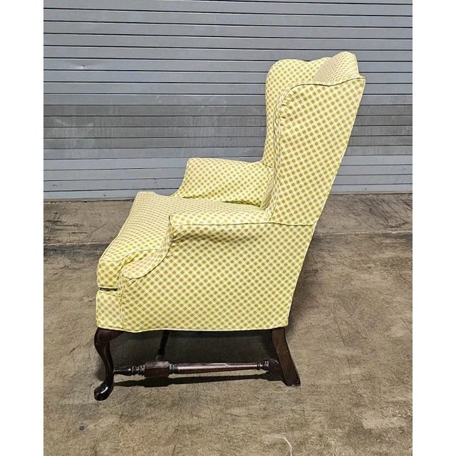 Mid 20th Century Queen Anne Style Mahogany Wing Chair Yellow Check Fabric Slipcover Made in Virginia For Sale In Cleveland - Image 6 of 8