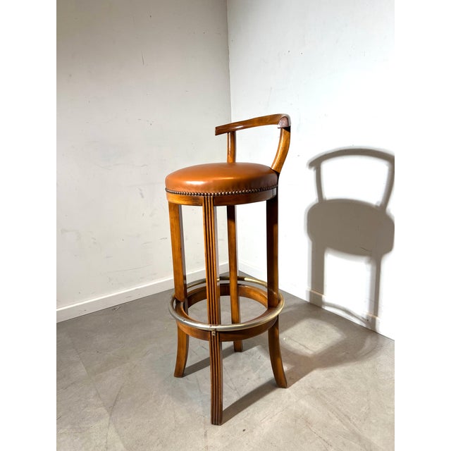 Vintage Wooden Bar Stools with Leather Seat and Brass Footrest, Set of 2 For Sale - Image 3 of 6