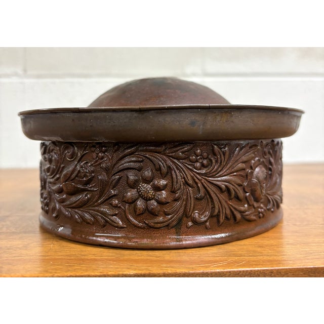 Traditional Antique Embossed Copper Decorative Vessel Warming Pan Component For Sale - Image 3 of 6