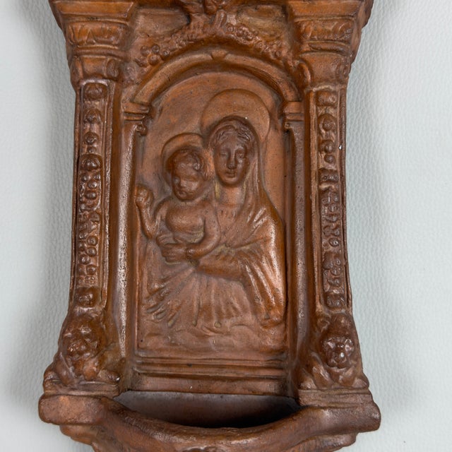 Ceramic Vintage Terracotta Holy Water Stoup with Madonna and Child, 20th Century For Sale - Image 7 of 11