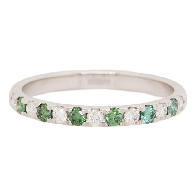 Green and White Natural Diamond Stackable Band Ring: Solid 14k White Gold For Sale