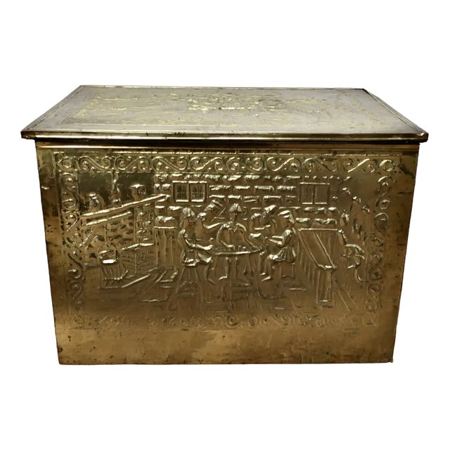 Large Embossed Brass Log Box with Tavern Scenes, 1890s For Sale