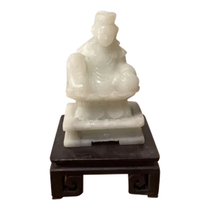 Vintage Hand Carved White Stone Seated Chinese Imperator Statue on Wood Stand